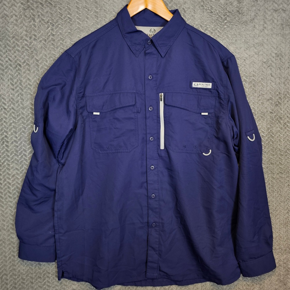 Realtree Fishing Mens Large Navy Blue Performance Long Sleeve Button Down Shirt